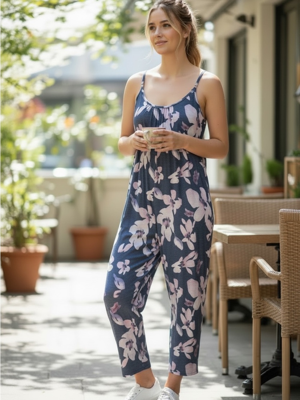 Floral Navy Sleeveless Jumpsuit - Women's Relaxed Fit
